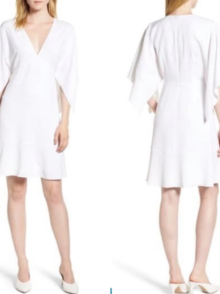 Lewit Split Kimono Sleeve Dress White V-Neck Ruffle Trim Sheath - Size 4